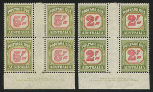 AUSTRALIA: Postage Dues: 1953-59 (SG.D130 & D131) 2/- and 5/- Authority imprint blocks of four, lower units MUH; BW:140z &141za - Cat. $400. (2 blocks)