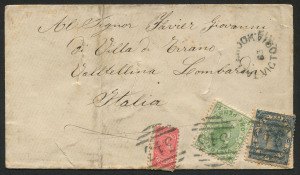 VICTORIA - Postal History: POSTAL HISTORY: 1883 (Nov) cover from Tallarook to Lombardy Italy, franked with Bell ½d rosine, 6d blue Laureate and Naish 1d green, tied by barred numeral Type 3R '343' cancels of Tallarook, with unframed TALLAROOK cds above, M