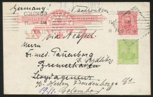 SOUTH AUSTRALIA - Postal History: POSTAL CARDS: 1911 (Dec.7) use of Commonwealth 1d Postal Card (BW:1) uprated with ½d GPO, tied by 'SEMAPHORE' squared-circle datestamp, addressed to Germany, with "Via Neapel" (Naples) in manuscript, private arrival handstamp '14JAN1912' applied in violet on face, redirected to Ceylon with 'COLOMBO/11FEB12' machine arrival cancel on face; very fine condition.
