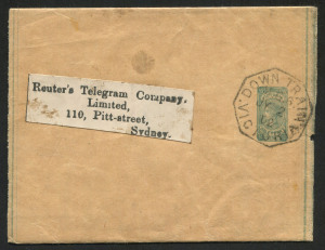 VICTORIA - Postal Stationery: POSTAL STATIONERY - WRAPPERS: 1902 (Jul.2) use of ½d green Wrapper to 'Reuter's Telegram Company/Sydney', superb strike of M&W Type 2 (27mm medium octagon) 'DOWN TRAIN/M.G.6/JY 2/02/VICTORIA' cancellation. Only four covers re