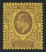 GREAT BRITAIN: 1902-11 (SG.232c) KEVII 3d pale reddish-purple/orange-yellow on chalk surfaced paper, De La Rue printing, very fine mint, Cat. &pound;225. BPA Certificate (2013)