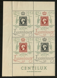 LUXEMBOURG: 1952 (SG.552fa) Centilux Exhibition block of 4 comprising two 2f & 4f se-tenant pairs, with marginal 'CENTILUX' imprint, fresh MUH, Cat £380+.