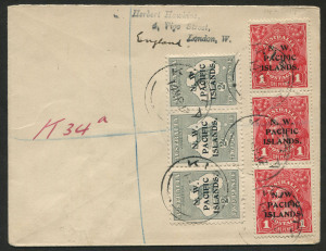 NEW GUINEA - Postal History: POSTAL HISTORY: 1917 (Mar.14) registered cover to England franked with NWPI opts on KGV 1d Red €˜abc€™ strip of 3 and Roos 2nd Wmk 2d grey horizontal strip of 3, tied by five strikes of KIETA datestamp, mss. €˜K34a€™ registration marking in red, SYDNEY and LONDON backstamps.