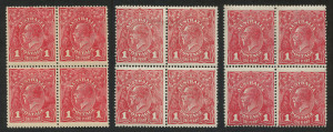 AUSTRALIA: KGV Heads - Single Watermark: 1d Red Rough Paper shades in block of 4; fine condition (one block with perf separations), lower units are all MUH; BW.72 group - minimum Cat. $540+.