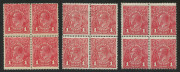 AUSTRALIA: KGV Heads - Single Watermark: 1d Red Rough Paper shades in block of 4; fine condition (one block with perf separations), lower units are all MUH; BW.72 group - minimum Cat. $540+.
