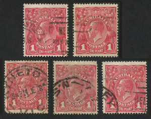 AUSTRALIA: KGV Heads - Single Watermark: 1d Red SUBSTITUTED CLICHE group comprising Die II (3, one Rough Paper) and Die I (2), Rough Paper stamps with KYNETON '14JE18' datestamp (creasing); BW.71(2)ja&ka & 72(2)ja - Cat. $700.