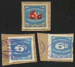 NEW SOUTH WALES: REVENUES - GOVERNMENT TRAMWAYS: 1937-49 6d blue (2, shades) both on piece with retail newsagent cancellations; also a 6d (in red) on 4d blue on piece, uncancelled, Elsmore Online Cat.$180. (3)