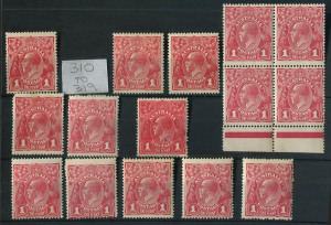 AUSTRALIA: KGV Heads - Single Watermark: 1d Red Smooth Paper WATERMARK INVERTED mint selection comprising 11 singles (two with small faults), plus marginal block of 4 (two units MUH) with minor varieties at [VII/49 & 54]; some shade variations; BW.71a gro