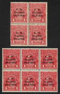 NEW GUINEA - 'N.W./PACIFIC/ISLANDS' Overprints: 1915-15 (SG.67a & 67b) 1d Dull Red block of 4 [ca,cc], two units MUH; also 1d Carmine-Red well centred block of 6 [3x2,aa,aa,aa], centre top unit with variety "White scratch behind Roo" [VIII/32], four units