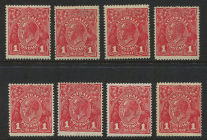 AUSTRALIA: KGV Heads - Single Watermark: 1d Red Die III mint group with some shade variance, generally fine, one example is MUH, one example without gum; BW.75 - Cat $775. (8)