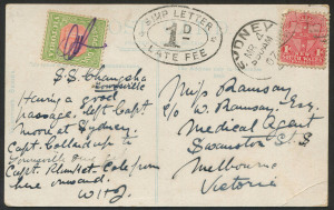 NEW SOUTH WALES - Postal History: POSTAL HISTORY: 1907 (Mar.4) PPC (Hinchinbrook Passage, Qld) to Melbourne endorsed "SS Changsha/Townsville", scarce double-oval 'SHIP LETTER/1D LATE FEE' applied on arrival at Sydney (NSW 1d Shield does not belong), Victoria 1d Due added on arrival at Melbourne cancelled with purple crayon, corner crease at lower right.