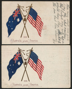 VICTORIA - Postal Stationery: POSTAL CARDS - GREAT WHITE FLEET: 1908 (H&G #31 & 32) 1d red postally used in 1908 (Sep.2) from Melbourne to Golden Square & 1½d deep rose-red unaddressed with 1908 (Sep. 19) MELBOURNE machine cancel; the former with a small 