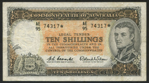 Banknotes - Australia: 'Star' Banknotes: 1952 (R15s) Coombs/Wilson KGVI 10/- general prefix Star Banknote 'AE/95 74317', extensive flattened creases/wrinkles, G/VG.