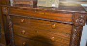 A Colonial cedar chest of five drawers with cantilever top, fine gadrooned moulding to the top drawer, vine leaf and quilled split columns terminating in floral decorated supports, Tasmanian origin, circa 1840, cedar with pine secondary timbers, 126cm hig - 2