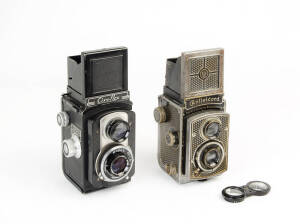 ROLLEI-WERKE FRANKE & HEIDECKE: Rolleicord I, (nickel-plated), c1933-36, art-deco styled TLR with Triotar f4.5 75mm lens in Compur shutter; with twin filter/cap. Also, a Ciro-flex Rapax TLR with Wollensak f3.5 85mm lens. (2 cameras).