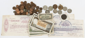 General & Miscellaneous Lots: A range in a small box including several Australian florins to 1936, two 1966 50c, a quantity of 1c & 2c coins, a May 1937 George VI coronation medallion, various British and foreign coins, etc. Also several QE2 period 10/- & £1 banknotes, some 1874 Victorian bank cheques and a Butterworth token. Mixed condition.