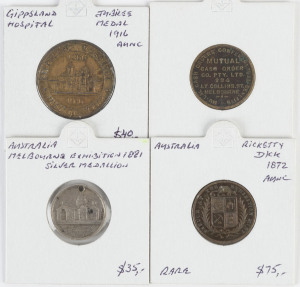 Medals - Agricultural, Horticultural & Exhibition Awards: Selection with 1872 'Ricketty Dick' medal struck at the NSW Agricultural Exhibition Mint, 22m diameter, aEF; 1881 Melbourne Exhibition silver medallion (20mm, pierced); 1916 Gippsland Hospital Jubi