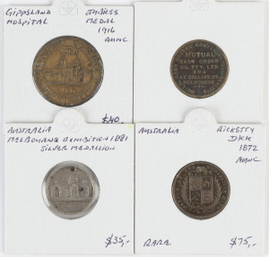 Medals - Agricultural, Horticultural & Exhibition Awards: Selection with 1872 'Ricketty Dick' medal struck at the NSW Agricultural Exhibition Mint, 22m diameter, aEF; 1881 Melbourne Exhibition silver medallion (20mm, pierced); 1916 Gippsland Hospital Jubilee Medal VF, also undated Mutual Cash Order Co undenominated 'Good Luck' token. (4 items)