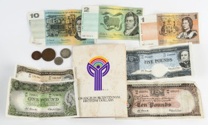 General & Miscellaneous Lots: Assortment with circulated banknotes with folds/creasing comprising Coombs/Wilson Reserve Bank £10 (Rks.63), £5 (Rks.50), £1 (Rks.34b) & 10/- (Rks.17); decimal Coombs/Wilson $10, $2 & $1; also few coins and USA Los Angeles Bicentennial Birthday Dollar Collection of 6 coins (verdigris). (12 items)