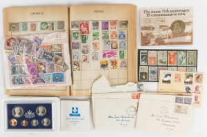 General & Miscellaneous Lots: Modest array with 1980 uncirculated coin set, 1985 uncirculated silver $10, 1990 ANZAC $5 commemorative coin; also stamps and covers in album incl.1938 Australia's Anniversary labels (15); stamps in mixed condition,