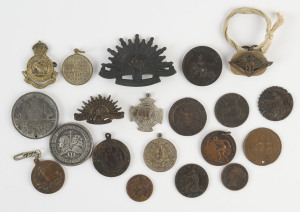 Medals: MEDALLIONS & MILITARY BADGES: mostly Australian with Hobart 1935 KGV Jubilee, 1937 Coronation & 1938 Royal Hobart Regatta medallions, NSW Arthur Phillip 150th Anniversary medal; military with 1924 Royal Tournament/Devonport Divisional Tournament (UK) medal, Australian 'Rising Sun' tunic badges, etc; mixed condition. (20 items)