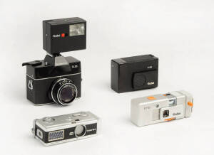 ROLLEI: Sub-miniature and compact cameras; a collection comprising Rollei A110 (black), Rollei E110 (silver), Rollei-16, Rollei-16S, Rollei A26, Rollei SL26, Rollei 35, Rollei 35T & Rollei Prego 70. Also several attachments, accessories, instructions, etc