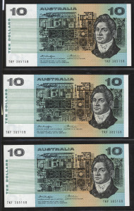 Banknotes - Australia: Decimal Banknotes: 1976 (R306b) Knight/Wheeler $10 side thread, consecutive run, serial nos 'TFK/385158-160', EF/aUnc. (3).