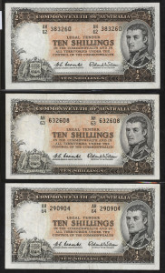 Banknotes - Australia: Pre-Decimal Banknotes: 1961 (R17) Coombs/Wilson QEII 10/- non-consecutive serial nos 'AH62/383260', 'AH63/632608' & 'AH64/290904', G/VG. (3)