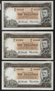 Banknotes - Australia: Pre-Decimal Banknotes: 1961 (R17) Coombs/Wilson QEII 10/- non-consecutive serial nos 'AH62/383260', 'AH63/632608' & 'AH64/290904', G/VG. (3)