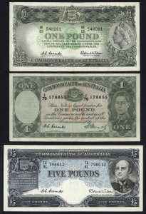 Banknotes - Australia: Pre-Decimal Banknotes: 1954 (R49) Coombs/Wilson QEII £5 Commonwealth Bank issue, general prefix 'TA91/798612' VG/F; also 1949 Coombs/Watts £1 & 1961 Coombs/Wilson Last Prefix HK65, both Fair/G. (3)