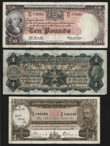 Banknotes - Australia: Pre-Decimal Banknotes: Group of well-circulated banknotes comprising 1960 Coombs/Wilson Reserve Bank £10 (R63), 1932 Riddle/Sheehan £1 (R27a) and 1933 Riddle/Sheehan 10/- (R09) serial no C3/746530 (ink annotation); Fair/G. (3)