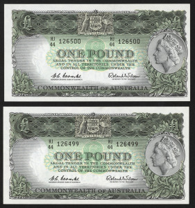 Banknotes - Australia: Pre-Decimal Banknotes: 1961 (R34b) Coombs/Wilson QEII £1 Prefix 'HJ 144 126499-500' consecutive pair, a/UNC, EF/aUnc. (2)