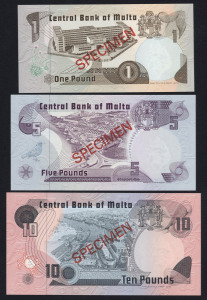 BANKNOTES - World: MALTA: £1, £5 & £10 set of 'SPECIMEN' banknotes, each note numbered '006969', in original Franklin Mint envelope; a/Unc.