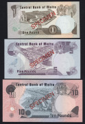 BANKNOTES - World: MALTA: &pound;1, &pound;5 & &pound;10 set of 'SPECIMEN' banknotes, each note numbered '006969', in original Franklin Mint envelope; a/Unc.