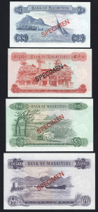 BANKNOTES - World: MAURITIUS: 5R, 10R, 25R & 50R set of 'SPECIMEN' banknotes, each note numbered '006511', in original Franklin Mint envelope; a/Unc.