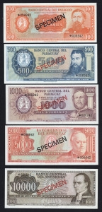 BANKNOTES - World: PARAGUAY: set of 5 'SPECIMEN' banknotes to 10,000G, each note numbered '006942', in original Franklin Mint envelope; a/Unc.