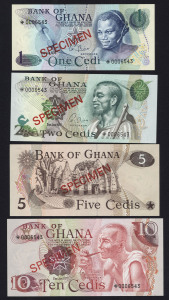 BANKNOTES - World: GHANA: 1 cedi to 100 cedis set of 4 'SPECIMEN' banknotes, each note numbered '0006543', in original Franklin Mint envelope; a/Unc.