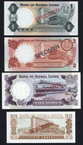 BANKNOTES - World: SIERRA LEONE: set of 4 'SPECIMEN' banknotes to 5L, each note numbered '006515', in original Franklin Mint envelope; a/Unc.