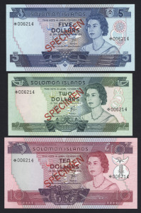 BANKNOTES - World: SOLOMON ISLANDS: $2, $5 & & $10 'SPECIMEN' banknotes, each note numbered '006214', in original Franklin Mint envelope; a/Unc.