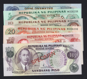 BANKNOTES - World: PHILIPPINES: set of 6 'SPECIMEN' banknotes to 100p, each note numbered '006206', in original Franklin Mint envelope; a/Unc.