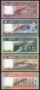 BANKNOTES - World: SWAZILAND: set of 5 'SPECIMEN' banknotes to 20e, each note numbered '006325', in original Franklin Mint envelope; a/Unc.