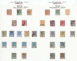 CEYLON: 1903-29 mint & used array on album pages with KEVII 1903 Crown CA to 75c used & mint (3) plus defective R1.50 & R2.25, 1904-05 MCA to used R1.50 & R2.25, 1908-11 to R1 mint & used, R2 used (2) & R5 mint; KGV 1912-25 MCA to 5r (4) used and 10r (fiscal cancel), plus 1r block of 4 mint, patchy later issues including War Stamps. (78)
