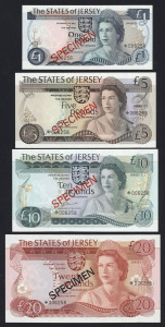 BANKNOTES - World: JERSEY: £5, £10 & £20 set of 'SPECIMEN' banknotes, each note numbered '006258', in original Franklin Mint envelope; a/Unc.