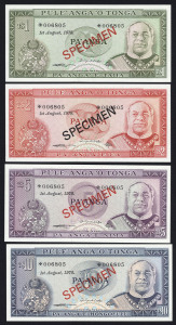 BANKNOTES - World: TONGA: set of 4 'SPECIMEN' banknotes to 10p, each note numbered '006805', in original Franklin Mint envelope; a/Unc.