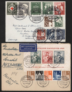 GERMANY: GERMANY - ALLIED OCCUPATION: 1949 Hanover Trade Fair M/S (plus low value Buildings issues) on 1949 airmail cover to Melbourne, some light staining and opening tear affecting upper edge of M/S Cat £450 used; also 1953 Federal Republic cover with better values including Youth Hostels' Fund set, 10pf + 5pf Science Museum, Red Cross 10pf, Liebeg 30pf, Transport Exhibition 4pf to 30pf all tied by 'MANOVER CORONET' commemorative cancels;