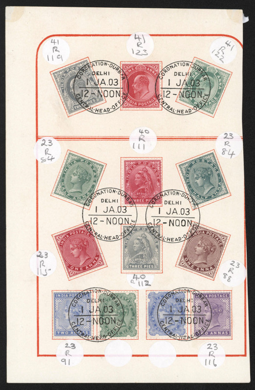 INDIA: 1903 CORONATION DURBAR: nineteen QV issues to 5R and three KEVII to 1a tied by 'CORONATION-DURBAR/DELHI/1JA03/12-NOON/CENTRAL-HEAD-OFFICE' commemorative datestamps to two presentation pages, vendor's identification labels adjacent to stamps, strong