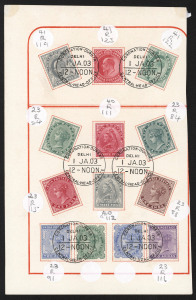 INDIA: 1903 CORONATION DURBAR: nineteen QV issues to 5R and three KEVII to 1a tied by 'CORONATION-DURBAR/DELHI/1JA03/12-NOON/CENTRAL-HEAD-OFFICE' commemorative datestamps to two presentation pages, vendor's identification labels adjacent to stamps, strong original colours. (22 stamps)
