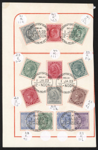 INDIA: 1903 CORONATION DURBAR: nineteen QV issues to 5R and three KEVII to 1a tied by 'CORONATION-DURBAR/DELHI/1JA03/12-NOON/CENTRAL-HEAD-OFFICE' commemorative datestamps to two presentation pages, vendor's identification labels adjacent to stamps, strong