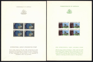 AUSTRALIA: Decimal Issues: 1969-70 (SG. 439 & 474) 5c I.L.O. and 6c Dairy Congress blocks of four affixed to separate Australia Post Publicity Cards; BW: 502x & 543x - Cat. $300. (2)