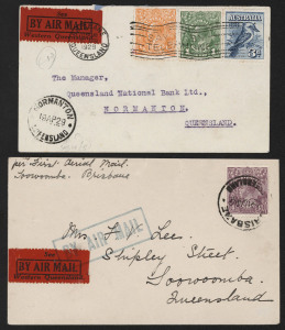 AUSTRALIA: Aerophilately & Flight Covers: 17 April 1929 (AAMC.132a & 133a) Brisbane - Charleville - Normanton, and Brisbane - Toowoomba flown covers, both bearing the scarce "See Western Queensland" red airmail labels; both tied. (2). Cat.$400+.